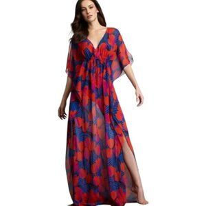 Tory Burch Caftan Women's Dress 100% Silk Floral Blue Long Medium Large NEW